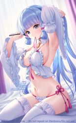 1girl arm_up armpits ayaka_(genshin_impact) blue_hair blunt_bangs blunt_tresses breasts detached_sleeves genshin_impact grey_eyes hair_ribbon highres indoors kuze_kaname large_breasts light_blue_hair long_hair looking_at_viewer mouth_hold navel neck_tassel on_bed ribbon ribbon_in_mouth sitting solo stomach thighhighs tress_ribbon tying_hair underwear underwear_only wariza white_thighhighs wide_sleeves