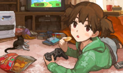 Rule 34 | 1girl, :o, bad id, bad pixiv id, brown eyes, brown hair, cat, chips (food), controller, food, game console, game controller, k-on!, lying, on stomach, playstation 3, potato chips, short hair, short twintails, solo, suzuki jun, tomohi, twintails