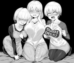 3girls, :d, absurdres, anger vein, angry, bangs, black background, black legwear, black shirt, blush, bob cut, breasts, buttons, clenched hand, clothes writing, collarbone, commentary, constricted pupils, dress, embarrassed, eyebrows visible through hair, eyes closed, fang, furious, furrowed brow, greyscale, hair between eyes, hair over eyes, hand on own chest, hands on own face, highres, kneeling, large breasts, leaning forward, long bangs, long hair, long skirt, long sleeves, looking at viewer, miniskirt, monochrome, mother and daughter, moto toshi, multiple girls, nervous, nervous smile, no shoes, nose blush, open mouth, pantyhose, pinafore dress, raglan sleeves, raised eyebrows, ribbed dress, romaji text, sanpaku, seiza, shirt, short hair, short hair with long locks, shouting, siblings, side-by-side, simple background, sisters, sitting, skirt, smile, sweatdrop, uzaki-chan wa asobitai!, uzaki hana, uzaki tsuki, uzaki yanagi, white shirt