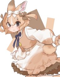 Rule 34 | 1girl, :3, animal ears, blue bow, blue bowtie, blush, bow, bowtie, brown bow, brown dress, brown vest, collared dress, cowboy shot, domestic rabbit (kemono friends), dress, frilled dress, frilled sleeves, frills, hair between eyes, hair bow, highres, isobee, kemono friends, kemono friends 3, light brown hair, long sleeves, looking at viewer, puffy sleeves, rabbit ears, rabbit girl, rabbit tail, short hair, short twintails, sidelocks, solo, tail, twintails, two-tone dress, vest, white bow, white dress, white hair