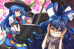 Rule 34 | 3girls, apron, bangle, bass clef, black headwear, blouse, blue hair, blue skirt, bow, bowl, bowl hat, bowtie, bracelet, center frills, closed eyes, covering own ears, debt, dress shirt, eighth note, food, frills, fruit, grand piano, hair bow, hat, hinanawi tenshi, hood, hoodie, instrument, japanese clothes, jewelry, kimono, long hair, multiple girls, musical note, peach, piano, puffy short sleeves, puffy sleeves, purple hair, quarter note, quarter rest, red bow, red eyes, shirt, short hair, short sleeves, skirt, sukuna shinmyoumaru, syope, touhou, treble clef, waist apron, white shirt, wing collar, yorigami shion