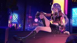 Rule 34 | 1girl, 3four, ahoge, arm on knee, black footwear, black skirt, black tube top, boots, building, chain, chain-link fence, city, cityscape, crescent, crescent hair ornament, cross-laced clothes, cyberpunk, fence, fingerless gloves, fishnet pantyhose, fishnets, gloves, hair ornament, highleg, highleg panties, highres, holding, holding microphone, hololive, hololive indonesia, jacket, knee up, long hair, looking at viewer, microphone, moona hoshinova, moona hoshinova (punk rock), multicolored nails, nail polish, night, panties, pantyhose, purple eyes, purple hair, purple jacket, see-through, see-through jacket, sitting, skirt, skyscraper, solo, star (symbol), star hair ornament, strapless, tube top, underwear, virtual youtuber