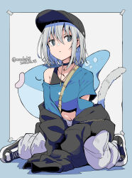Rule 34 | 1girl, black eyes, black footwear, black hat, blue background, blue shirt, copyright request, grey background, hat, highres, kichihachi, looking to the side, pants, shirt, shoes, short hair, sitting, sneakers, solo, tail, twitter username, two-tone background, white hair, white pants