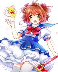 1990s_(style) 1girl brown_hair cardcaptor_sakura dress fuuin_no_tsue green_eyes kero_(cardcaptor_sakura) kinomoto_sakura magical_girl momo_tomato retro_artstyle short_hair thighhighs wand