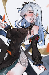 Rule 34 | 1girl, absurdres, bare shoulders, black dress, blue hair, commentary, cowboy shot, detached sleeves, dress, genshin impact, grey eyes, highres, long hair, long sleeves, looking at viewer, official alternate costume, shengtaki, shenhe (frostflower dew) (genshin impact), shenhe (genshin impact), sleeveless, sleeveless dress, solo, standing, thighs, very long hair