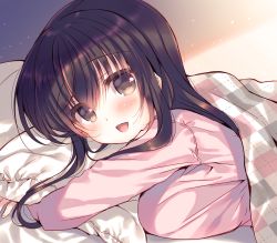 Rule 34 | 1girl, :d, blush, breasts, brown eyes, brown hair, fingernails, from side, highres, large breasts, long sleeves, looking at viewer, looking to the side, hugging object, open mouth, original, pillow, pillow hug, pink shirt, shirt, smile, solo, suzunone rena, under covers