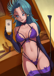 Rule 34 | 1boy, 1girl, alternate hairstyle, asymmetrical hair, black choker, black gloves, blue eyes, bound ankles, bra, breasts, bulma, capsule corp, cellphone, choker, cleavage, clothed female nude male, commentary, couple, dirty ero, dominatrix, dragon ball, dragon ball (object), dragonball z, dutch angle, earrings, elbow gloves, english commentary, eyelashes, eyeliner, eyeshadow, femdom, fringe trim, gloves, green hair, hetero, highleg, highleg panties, highres, holding, holding phone, jewelry, lingerie, lipstick, long hair, looking to the side, makeup, mature female, medium breasts, mirror, mirror image, navel, nude, panties, phone, pompadour, purple bra, purple lips, purple panties, purple theme, purple thighhighs, riding crop, selfie, smug, solo focus, taking picture, thigh gap, thighhighs, underboob, underwear, vegeta, when you see it