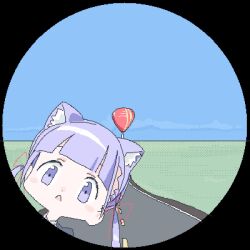 Rule 34 | 1girl, aircraft, animal ear hairband, animal ears, autorefractor test, black border, blue sky, blunt bangs, blush stickers, border, cat ear hairband, cat ears, commentary request, day, fake animal ears, field, hair ribbon, hairband, horizon, hot air balloon, jaggy lines, lokulo-chan, lokulo no mawashimono, looking at viewer, low twintails, lowres, open mouth, original, outdoors, peeking out, portrait, purple eyes, purple hair, red ribbon, ribbon, road, round image, sky, solo, twintails