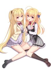 Rule 34 | 2girls, absurdres, ahoge, arihara nanami, black scrunchie, black socks, blazer, blonde hair, blue bow, blush, bow, bowtie, breasts, cardigan, chinese commentary, closed mouth, collared shirt, color connection, commentary request, commission, crossover, double bun, elih (nfslyy), eyelashes, frilled skirt, frills, full body, grey skirt, hair between eyes, hair bow, hair bun, hair color connection, hair ornament, hair scrunchie, hamidashi creative, highres, holding hands, interlocked fingers, izumi hiyori, jacket, kneehighs, large breasts, leg between thighs, loafers, long hair, long legs, long sleeves, look-alike, looking at viewer, miniskirt, mixed-language commentary, multiple girls, open clothes, open jacket, open mouth, partial commentary, plaid, plaid skirt, pleated skirt, purple cardigan, red bow, red bowtie, red eyes, riddle joker, scrunchie, shirt, shoes, simple background, sitting, skirt, sleeves past wrists, smile, socks, thighhighs, thighs, trait connection, tsurime, two side up, very long hair, wariza, white background, white shirt, yellow jacket