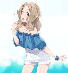 Rule 34 | :o, bare shoulders, blush, chibikko (morihito), collarbone, hand up, heart, long hair, looking at viewer, morihito, off-shoulder shirt, off shoulder, original, scrunchie, shirt, short shorts, shorts, solo, standing, thick eyebrows, thighs, white shorts, wrist scrunchie, wristband