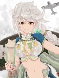 Rule 34 | 10s, 1girl, 2015, 4suke, aircraft, airplane, braid, breasts, cleavage, dated, day, kantai collection, large breasts, long hair, navel, onmyouji, silver hair, single braid, smile, solo, twitter username, unryuu (kancolle), yellow eyes
