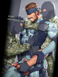 Rule 34 | 3boys, arm grab, arm hair, ass, bar censor, bara, beard, blue bodysuit, bodysuit, boy sandwich, breath, camouflage, camouflage jacket, camouflage pants, censored, check translation, covered abs, covered erect nipples, cum, ejaculation, erection, facial hair, feet out of frame, from side, group sex, handjob, headband, jacket, male focus, male pubic hair, mask, mature male, metal gear (series), mmm threesome, multiple boys, muscular, muscular male, mustache, open bodysuit, open clothes, pants, pectorals, penis, projectile cum, pubic hair, sakuramarusan, saliva, sandwiched, short hair, skin tight, solid snake, sucking male nipple, sweatdrop, thick thighs, thighs, threesome, topless male, translated, translation request, wrinkled skin, yaoi