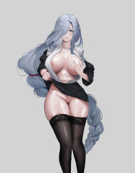 Rule 34 | 1girl, absurdres, alternate costume, areola slip, blue eyes, braid, breasts, breasts apart, cleft of venus, commentary, covered erect nipples, english commentary, feet out of frame, formal, gcg, genshin impact, grey background, grey hair, hair over one eye, highres, large areolae, large breasts, lifting own clothes, long hair, looking at viewer, low-braided long hair, low-tied long hair, miniskirt, navel, no bra, no panties, one eye covered, shenhe (genshin impact), sidelocks, skindentation, skirt, solo, tassel, thighhighs, very long hair, white hair