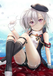 Rule 34 | 1girl, arm support, armband, azur lane, bad id, bad pixiv id, beret, black hat, black jacket, black shorts, black socks, blush, closed mouth, commentary request, cross, crossed legs, gloves, hair between eyes, hat, head tilt, highres, iron cross, jacket, kneehighs, long hair, looking at viewer, military, military jacket, military uniform, niiya, pink eyes, shallow water, shoes, short shorts, shorts, side ponytail, silver hair, sitting, smile, socks, solo, uniform, water, water drop, white footwear, white gloves, z1 leberecht maass (azur lane)