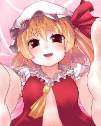 Rule 34 | 1girl, bad id, bad pixiv id, bell (artist), bell (oppore coppore), blonde hair, blush, female focus, flandre scarlet, hat, highres, lying, on back, one side up, open clothes, open shirt, ponytail, pov, red eyes, shirt, short hair, side ponytail, solo, sweat, touhou, untied