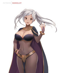 Rule 34 | 1girl, :d, black cape, black nails, bodystocking, bracelet, breasts, brown eyes, cape, cleavage, cleavage cutout, clothing cutout, cosplay, covered navel, cowboy shot, dakkalot, dark mage (fire emblem awakening), fingernails, fire emblem, fire emblem awakening, forehead, hand on own hip, hand up, jewelry, large breasts, loincloth, long fingernails, long hair, looking at viewer, nail polish, nintendo, official alternate costume, open mouth, patreon username, robin (female) (fire emblem), robin (fire emblem), silver hair, simple background, skin tight, smile, solo, tharja (cosplay), tharja (fire emblem), twintails, white background
