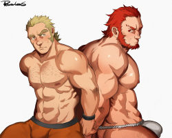 Rule 34 | 2boys, abs, back-to-back, bara, beard, blonde hair, blush, bound, bound wrists, boxers, bulge, character request, chest hair, commission, crossover, facial hair, fate (series), fundoshi, glen burroughs, highres, iskandar (fate), japanese clothes, large pectorals, leg hair, male focus, male underwear, megalo box, multiple boys, muscular, muscular male, navel, nipples, orange male underwear, original, pectorals, pout, powerlesssong, short hair, sidepec, sweatdrop, thick eyebrows, thick thighs, thighs, underwear, underwear only, upper body, white male underwear, yaoi