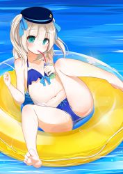 Rule 34 | 1girl, absurdres, afloat, bare legs, barefoot, bikini, blue bikini, blue eyes, blush, bow, collarbone, drinking straw, hair bow, hair ribbon, highres, innertube, leaf1031, looking at viewer, lying, navel, original, partially submerged, ribbon, silver hair, solo, swim ring, swimsuit, two side up, wet