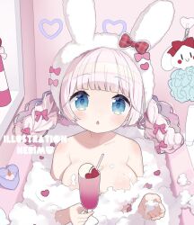 Rule 34 | 1girl, animal ears, bath, bathing, bathtub, blue eyes, bow, braid, breasts, cherry, collarbone, commentary request, copyright request, cup, drinking straw, fake animal ears, food, fruit, hairband, holding, holding cup, ice cream, indoors, long hair, low twintails, medium breasts, neki (wakiko), nude, pink bow, pink hair, plaid, plaid bow, rabbit ears, red bow, solo, twin braids, twintails, white hairband