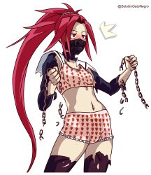 Rule 34 | 1girl, absurdres, armpits, artist name, black mask, bloomers, blush, bodysuit, boots, bra, breasts, broken, broken chain, capcom, chain, cleft of venus, clenched hands, unworn clothes, collarbone, day, defeat, delinquent, embarrassed, eyelashes, female focus, full body, hands up, heart, heart bloomers, heart bra, heart print, high ponytail, highres, himezaki aoi, holding, holding chain, humiliation, justice gakuen, legs, long hair, looking afar, mask, medium breasts, midriff, moero! justice gakuen, navel, neck, panties, parted bangs, ponytail, print bloomers, print bra, print panties, red hair, shiritsu justice gakuen, sidelocks, sky, soloungatonegro, spiked hair, standing, surprised, sweat, sweatdrop, thighs, torn bodysuit, torn clothes, transparent background, underwear, underwear only, very long hair, wardrobe malfunction, white bloomers, white bra