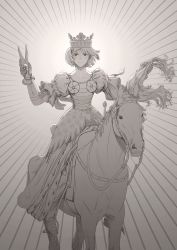 Rule 34 | 1girl, absurdres, animal, armor, bad id, bad twitter id, crown, cutting hair, dress, greyscale, highres, holding, holding cloth, holding own hair, horse, horseback riding, monochrome, original, puffy short sleeves, puffy sleeves, riding, scissors, serious, short hair, short sleeves, solo, wass nonnam