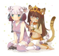 Rule 34 | 2girls, :&lt;, :3, animal ears, animal hands, anklet, barefoot, bastet (p&amp;d), blush, braid, braiding hair, brown hair, cat ears, cat hair ornament, cat tail, chinese clothes, claws, dark-skinned female, dark skin, earrings, eating, egyptian clothes, food, foomi, green eyes, hair ornament, hairdressing, haku (p&amp;d), jewelry, lots of jewelry, midriff, mouth hold, multiple girls, navel, puzzle &amp; dragons, sitting, skirt, tail, thighhighs, tiger tail, wariza, white hair, zettai ryouiki