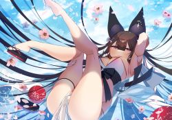 Rule 34 | 1girl, absurdres, amagi (azur lane), amagi (wending waters serene lotus) (azur lane), animal ear fluff, animal ears, arm behind head, armpits, azur lane, ball, bare legs, black footwear, blue sky, blunt bangs, blush, breasts, brown hair, cleavage, cloud, cloudy sky, commentary request, female focus, flower, fox ears, full body, hair ornament, hand on own leg, highres, holding, holding legs, holding own leg, huge filesize, large breasts, legs, legs up, long hair, looking at viewer, lying, myao (o3o333), nail, no bra, official alternate costume, on back, panties, parted bangs, petals, purple eyes, see-through, sky, slippers, solo, swimsuit, tag, thigh strap, thong, underwear, very long hair