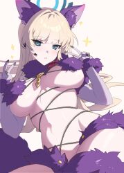 Rule 34 | 1girl, 85b0927, animal ear fluff, animal ears, blue archive, blue eyes, blush, breasts, cosplay, double v, elbow gloves, fate/grand order, fate (series), fur-trimmed gloves, fur collar, fur trim, gloves, halloween costume, halo, headset, highres, large breasts, long hair, looking at viewer, mash kyrielight, mash kyrielight (dangerous beast), mash kyrielight (dangerous beast) (cosplay), parted lips, purple gloves, purple tail, revealing clothes, simple background, solo, sparkle, tail, toki (blue archive), v, very long hair, white background