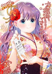 Rule 34 | 1girl, 2019, absurdres, akeome, blush, closed mouth, dated, floral print, flower, geshumaro, hair flower, hair ornament, hakama, hakama skirt, happy new year, highres, holding, holding paper, japanese clothes, kimono, long hair, looking at viewer, new year, notice lines, paper, print kimono, purple hair, red flower, red rose, rose, signature, skirt, smile, smug, solo, translation request, tsubaki-sama wa sakihokore nai
