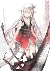 Rule 34 | 1girl, back bow, bare shoulders, bow, breasts, clothing request, collarbone, feet out of frame, gradient clothes, grey eyes, hair ornament, holding, holding scythe, japanese clothes, long hair, obi, original, sash, scythe, sketch, small breasts, solo, thighhighs, white hair, zeixique