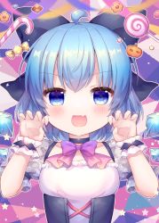 Rule 34 | 1girl, ahoge, blue bow, blue dress, blue eyes, blue hair, blush, bow, candy, checkerboard cookie, cirno, coa (chroo x), cookie, detached wings, dress, fairy, fang, food, hair between eyes, hair bow, halloween, highres, ice, ice wings, lollipop, looking at viewer, open mouth, paw pose, pink bow, short hair, short sleeves, skin fang, smile, solo, sparkle, star (symbol), touhou, upper body, wings, wrist cuffs