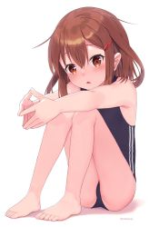 Rule 34 | 1girl, ass, barefoot, black one-piece swimsuit, brown eyes, brown hair, dx (dekusu), fang, hair between eyes, hair ornament, hairclip, highres, ikazuchi (kancolle), kantai collection, one-piece swimsuit, open mouth, shadow, short hair, simple background, solo, swimsuit, toes, twitter username, white background