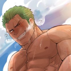 Rule 34 | 1boy, bara, blush, breath, cropped, from below, frown, green hair, grin, highres, hiraga0613, large pectorals, long sideburns, looking at viewer, male focus, muscular, muscular male, nipples, nude, obliques, one piece, pectorals, roronoa zoro, scar, scar across eye, seductive smile, short hair, sideburns, smile, solo, sweat, translation request, upper body, veins, veiny arms