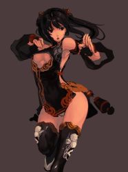 Rule 34 | 1girl, bare shoulders, black gloves, black thighhighs, breasts, brown eyes, cleavage, cleavage cutout, clothing cutout, detached sleeves, fingerless gloves, gloves, halterneck, long hair, original, parted lips, qbspdl, side slit, simple background, sketch, solo, thighhighs, twintails, underboob