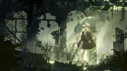 Rule 34 | 1girl, absurdres, animal ears, arknights, black dress, black footwear, boots, broken glass, dress, full body, glass, grey hair, heavyrain (arknights), heavyrain (tranquil moss) (arknights), highres, holding, holding umbrella, long hair, long sleeves, looking at viewer, official alternate costume, overgrown, plant, puffy sleeves, purple eyes, ruins, solo, standing, tail, tuzhate, umbrella, very long hair