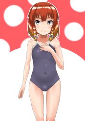 Rule 34 | 1girl, 30-06, bad id, bad pixiv id, black one-piece swimsuit, blue eyes, bob cut, braid, competition school swimsuit, covered navel, etorofu (kancolle), flat chest, gradient hair, highres, kantai collection, looking at viewer, multicolored hair, one-piece swimsuit, orange hair, polka dot, polka dot background, red hair, school swimsuit, sidelocks, solo, swimsuit, thigh gap, twin braids