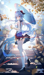 Rule 34 | 1girl, ahoge, alternate costume, alternate hair length, alternate hairstyle, black bow, black footwear, black skirt, blue bag, blue hair, blurry, blurry background, blurry foreground, blush, bow, breasts, closed mouth, cup, day, disposable cup, from behind, full body, ganyu (genshin impact), ganyu (heytea) (genshin impact), genshin impact, ginkgo leaf, goat horns, hair between eyes, hair ornament, hairclip, highres, holding, holding cup, horns, leaf, lens flare, long hair, looking at viewer, looking back, low ponytail, medium breasts, miaogujun, nail polish, oil-paper umbrella, outdoors, pleated skirt, purple eyes, red nails, skirt, solo, stairs, standing, thighhighs, umbrella, very long hair, watch, white thighhighs, wristwatch