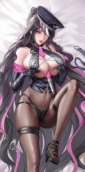 Rule 34 | 1girl, bare shoulders, between breasts, bikini, black bikini, black gloves, black hair, black hat, black pantyhose, blush, breasts, breasts squeezed together, cleavage, covered navel, facial mark, fate/grand order, fate (series), fingerless gloves, forehead mark, gloves, halterneck, hat, highres, large breasts, long hair, looking at viewer, mole, mole on breast, multicolored hair, pantyhose, parted bangs, pink hair, police hat, ponytail, sessyoin kiara, sessyoin kiara (swimsuit mooncancer), sessyoin kiara (swimsuit mooncancer) (second ascension), smile, solo, streaked hair, swimsuit, thighs, traffic baton, tsuki no i-min, very long hair, yellow eyes