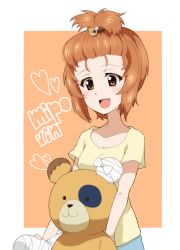 Rule 34 | 1girl, bandages, bear hair ornament, boko (girls und panzer), border, brown eyes, brown hair, casual, character name, girls und panzer, hair ornament, hair tie, hair up, heart, holding, holding stuffed toy, kayabakoro, looking at viewer, nishizumi miho, open mouth, orange background, outside border, shirt, short hair, short sleeves, smile, solo, standing, stuffed animal, stuffed toy, t-shirt, teddy bear, white border, yellow shirt
