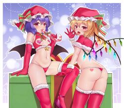 Rule 34 | 2girls, alternate costume, ass, bat wings, bell, blush, capelet, covered erect nipples, crystal, elbow gloves, fang, fellatio gesture, flandre scarlet, flat chest, frills, fur trim, gloves, groin, hand up, heart, heart pasties, heart tattoo, high heels, highres, holding, jingle bell, looking at viewer, looking back, medium hair, multiple girls, navel, open mouth, pasties, petite, pinky out, purple hair, red eyes, remilia scarlet, saliva, siblings, sisters, snowflakes, star (symbol), tattoo, teeth, thighhighs, tongue, tongue out, touhou, upper teeth only, wings, yangshangshu