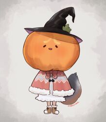 Rule 34 | 1girl, absurdres, beleven, boots, cape, dress, fox girl, fox tail, full body, grey background, halloween, halloween costume, hat, highres, island fox (kemono friends), kemono friends, kemono friends v project, looking at viewer, pumpkin, simple background, smile, solo, sundress, tail, virtual youtuber, witch hat