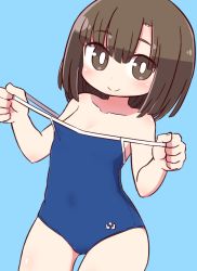 Rule 34 | 1girl, blue background, blue one-piece swimsuit, blush, bright pupils, brown eyes, brown hair, character request, closed mouth, collarbone, commentary request, competition school swimsuit, competition swimsuit, hair between eyes, hands up, kitanaga, long hair, naga u, one-piece swimsuit, pulled by self, school swimsuit, simple background, smile, solo, strap pull, swimsuit, ueno-san wa bukiyou