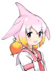 Rule 34 | 10s, 1girl, :d, black eyes, blonde hair, blush, chinese white dolphin (kemono friends), choker, collar, commentary request, dot nose, dress, fins, from side, gradient hair, hair between eyes, hair ornament, hair ribbon, japari symbol, kanemaru (knmr fd), kemono friends, knmr (knmr fd), looking at viewer, low twintails, multicolored hair, necktie, official art, open mouth, orange hair, pink hair, pink necktie, ribbon, sailor collar, sailor dress, short hair, short sleeves, simple background, smile, solo, tareme, twintails, upper body, white background, white dress, white ribbon