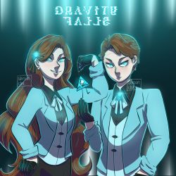 Rule 34 | 1boy, 1girl, absurdres, aqua eyes, aqua vest, ascot, brooch, brother and sister, brown hair, collared shirt, creepy smile, dark persona, dipper gleeful, facial mark, forehead mark, formal, gem, gloves, glowing jewelry, gravity falls, hair ornament, hairband, highres, jewelry, long hair, mabel gleeful, shirt, short hair, shroon-chu, siblings, swept bangs, twins, vest, will cipher
