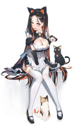 Rule 34 | 1girl, absurdres, animal ears, black footwear, black gloves, black hair, blush, breasts, brown hair, cat, cat ears, cleavage, elbow gloves, fake animal ears, fang, gloves, high heels, highres, large breasts, long hair, looking at viewer, maid, mole, mole under eye, multicolored hair, open mouth, original, partially fingerless gloves, piyo (pixiv 2308057), skin fang, smile, solo, thighhighs, two-tone hair, very long hair, white thighhighs