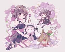 Rule 34 | 1girl, blush, bow, brown hair, cake, cake slice, chibi, choker, commission, commissioner upload, criss-cross halter, dress, fallenshadow, female focus, flat chest, flower, food, frills, full body, hair bow, halterneck, highres, holding, holding flower, holding stuffed toy, indie virtual youtuber, leg ribbon, looking at viewer, looking to the side, multiple views, nail polish, hugging object, on floor, picnic, picnic basket, pink bow, pink eyes, pink nails, pink ribbon, pleated skirt, rabbit, ribbon, short hair, sidelocks, single thighhigh, sitting, skeb commission, skirt, smile, stuffed toy, sunflower-m, thighhighs, virtual youtuber