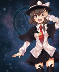 Rule 34 | 1girl, blush, brown eyes, brown hair, capelet, clock, collared shirt, fuente, hat, long sleeves, miniskirt, necktie, ok sign, ok sign over eye, open mouth, shirt, skirt, sky, solo, star (sky), star (symbol), starry background, starry sky, thighhighs, touhou, usami renko