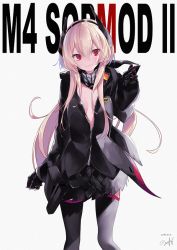 Rule 34 | 1girl, bad id, bad twitter id, black jacket, black thighhighs, breasts, character name, closed mouth, coat, commentary request, girls&#039; frontline, hair between eyes, headgear, jacket, long hair, m4 sopmod ii (girls&#039; frontline), mechanical arms, mimelond, multicolored hair, open clothes, open coat, partially unbuttoned, pink hair, red eyes, single mechanical arm, small breasts, smile, solo, streaked hair, thighhighs