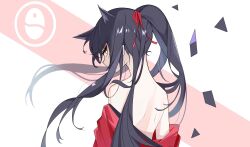 Rule 34 | 1girl, animal ears, arknights, bare back, black hair, extra ears, from behind, hair ribbon, highres, looking at viewer, looking back, no bra, off shoulder, penguin logistics logo, ponytail, red ribbon, red shirt, ribbon, shirt, sideways glance, solo, texas (arknights), twilight (cgkk4357), upper body, wolf ears, wolf girl, yellow eyes