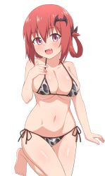 Rule 34 | 1girl, animal print, bad id, bad pixiv id, bare shoulders, barefoot, bat hair ornament, bikini, breasts, cleavage, collarbone, cow print, fang, gabriel dropout, hair between eyes, hair ornament, hair rings, hand on own chest, hand up, highres, large breasts, looking at viewer, nyaroon, open mouth, pink eyes, red hair, satanichia kurumizawa mcdowell, shiny skin, side-tie bikini bottom, simple background, solo, standing, standing on one leg, string bikini, swimsuit, thighs, underboob, white background